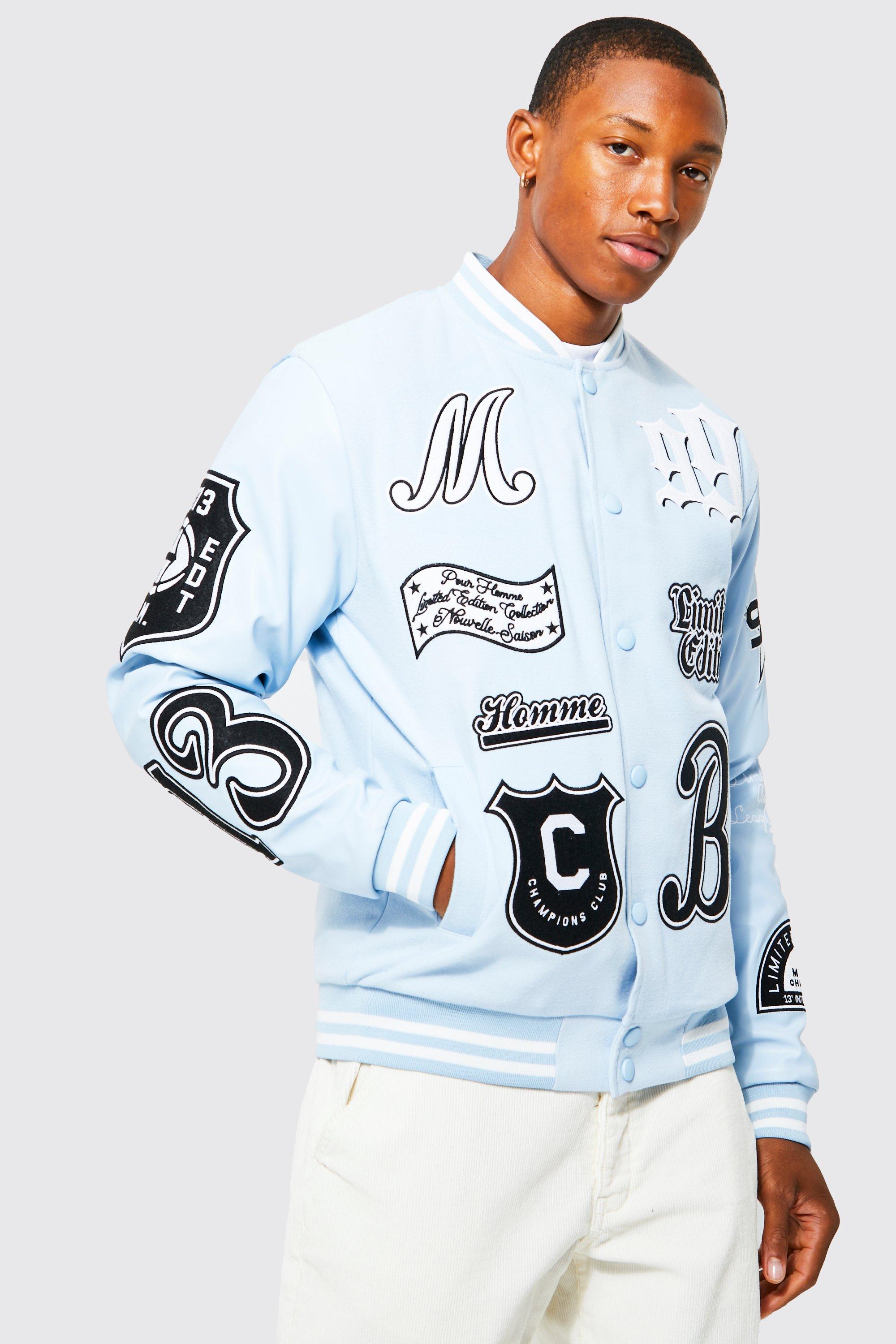 All Over Badged Varsity Jacket boohoo